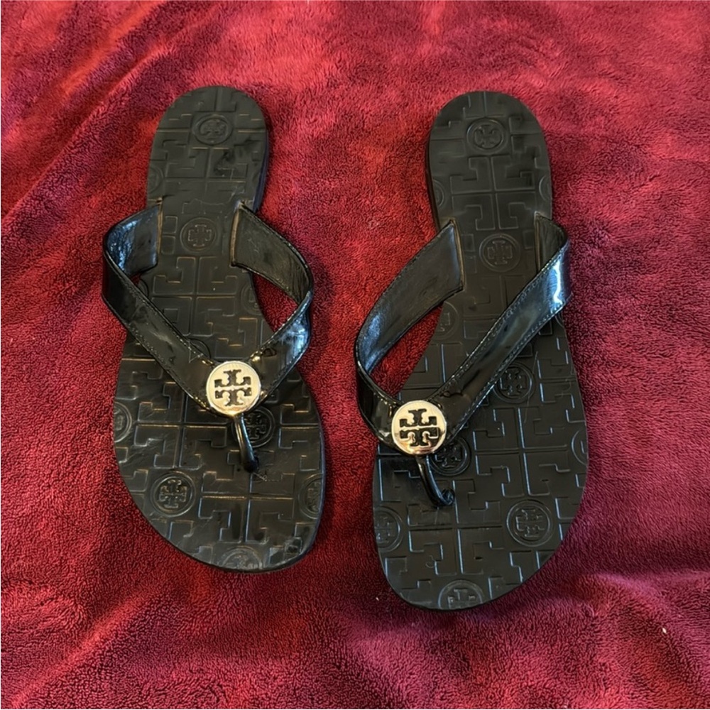 Tory Burch Black Logo Flip Flops